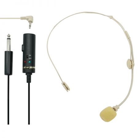 Set includes head-worn condenser microphone and USB battery pack for versatile usage